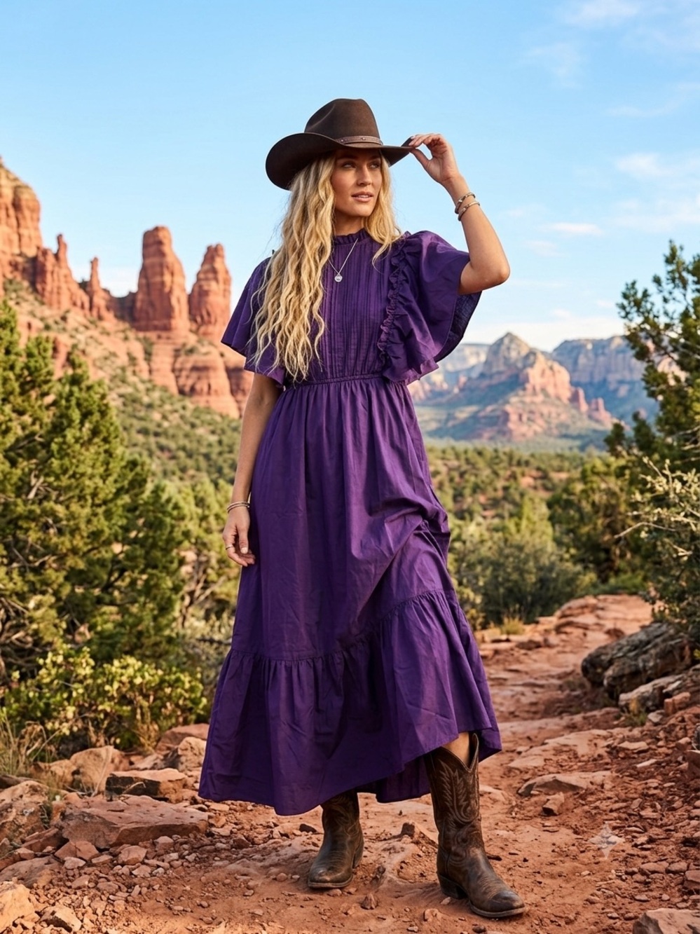 Western Boho Entro Deep Purple Ruffle-Sleeve Maxi Dress